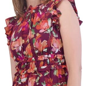 Vince Camuto Women's Red Ruffled-Floral Chiffon Maxi Dress